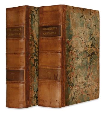 HOLINSHED, RAPHAEL. The . . . Chronicles of England, Scotlande, and Irelande. 4 parts in 2 vols.  1577.  Vol. 2 title in facsimile.